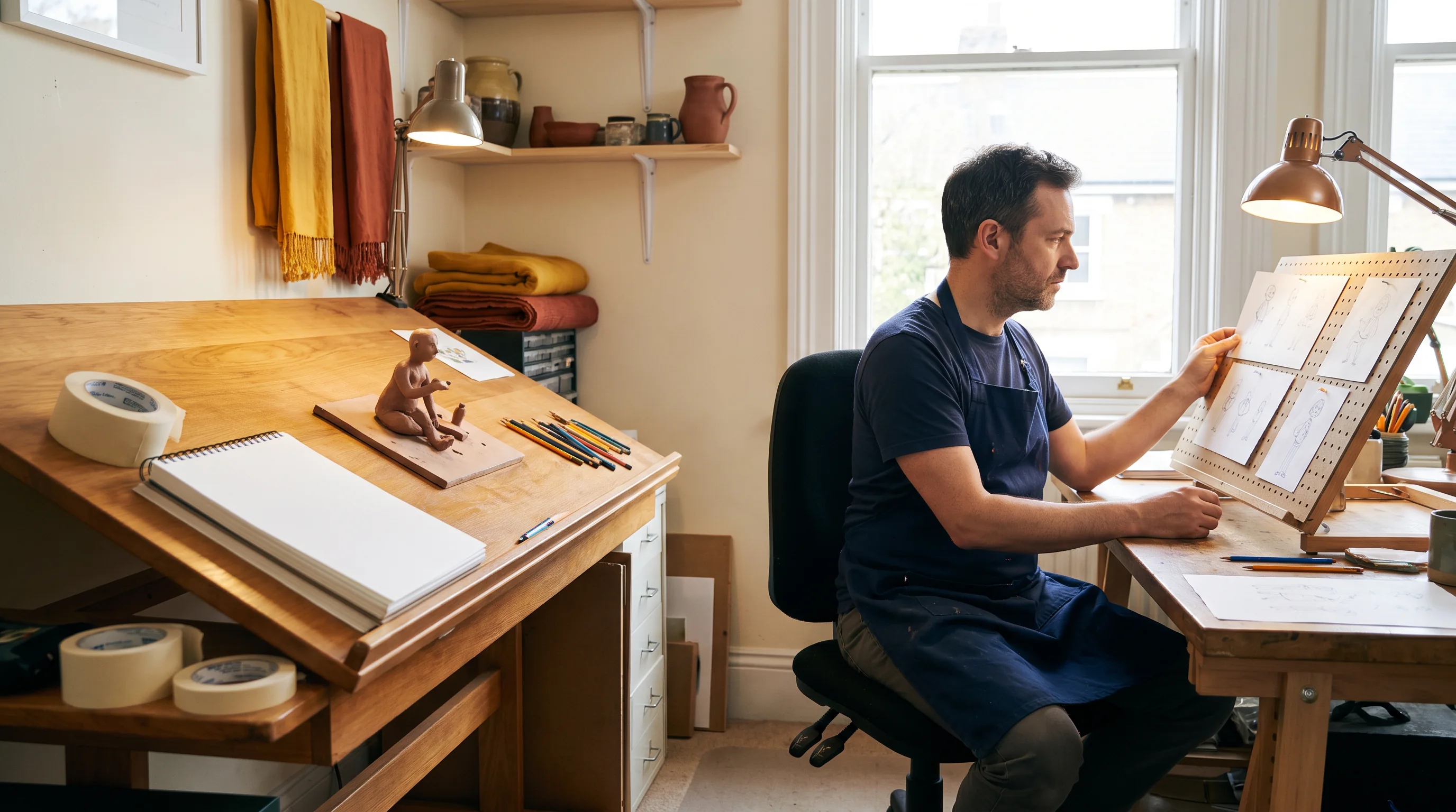 Animator reviewing character drawings at a real studio desk