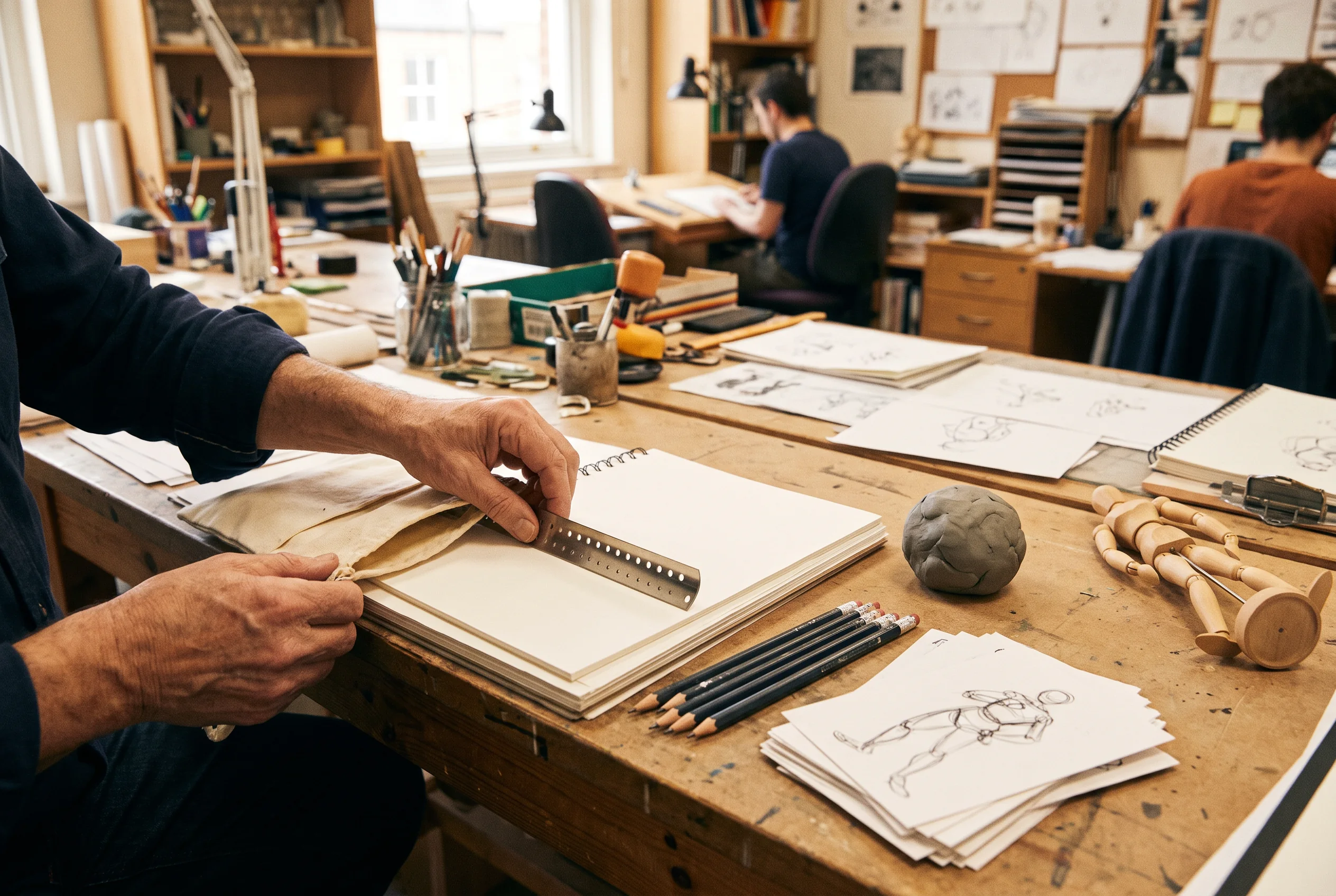 Hands arranging pencils, paper, mannequin and peg strip as an animation assignment kit