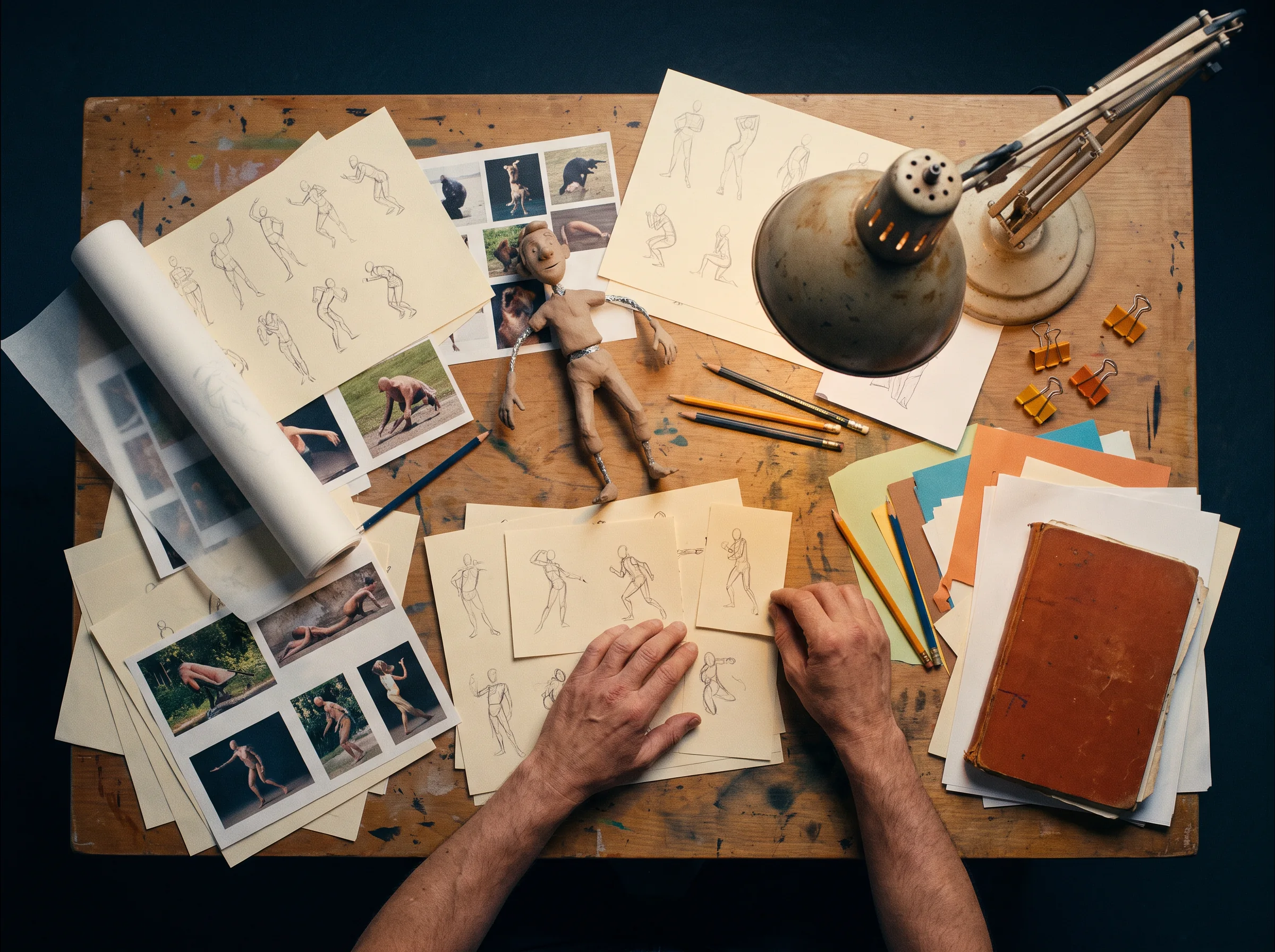 Overhead view of hands assembling animation references, sketches and maquette