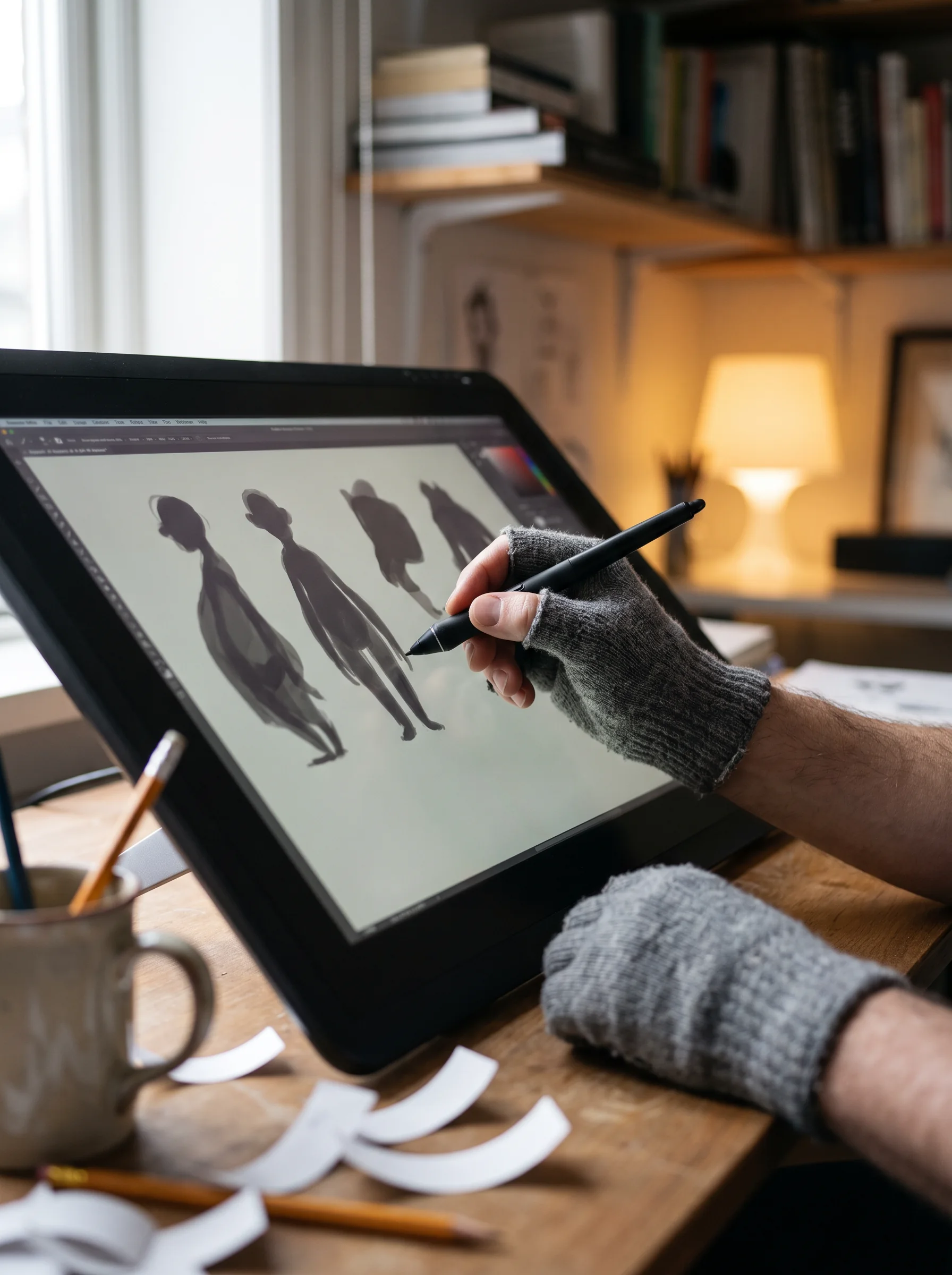 Hand using a stylus to develop character silhouettes on a pen display
