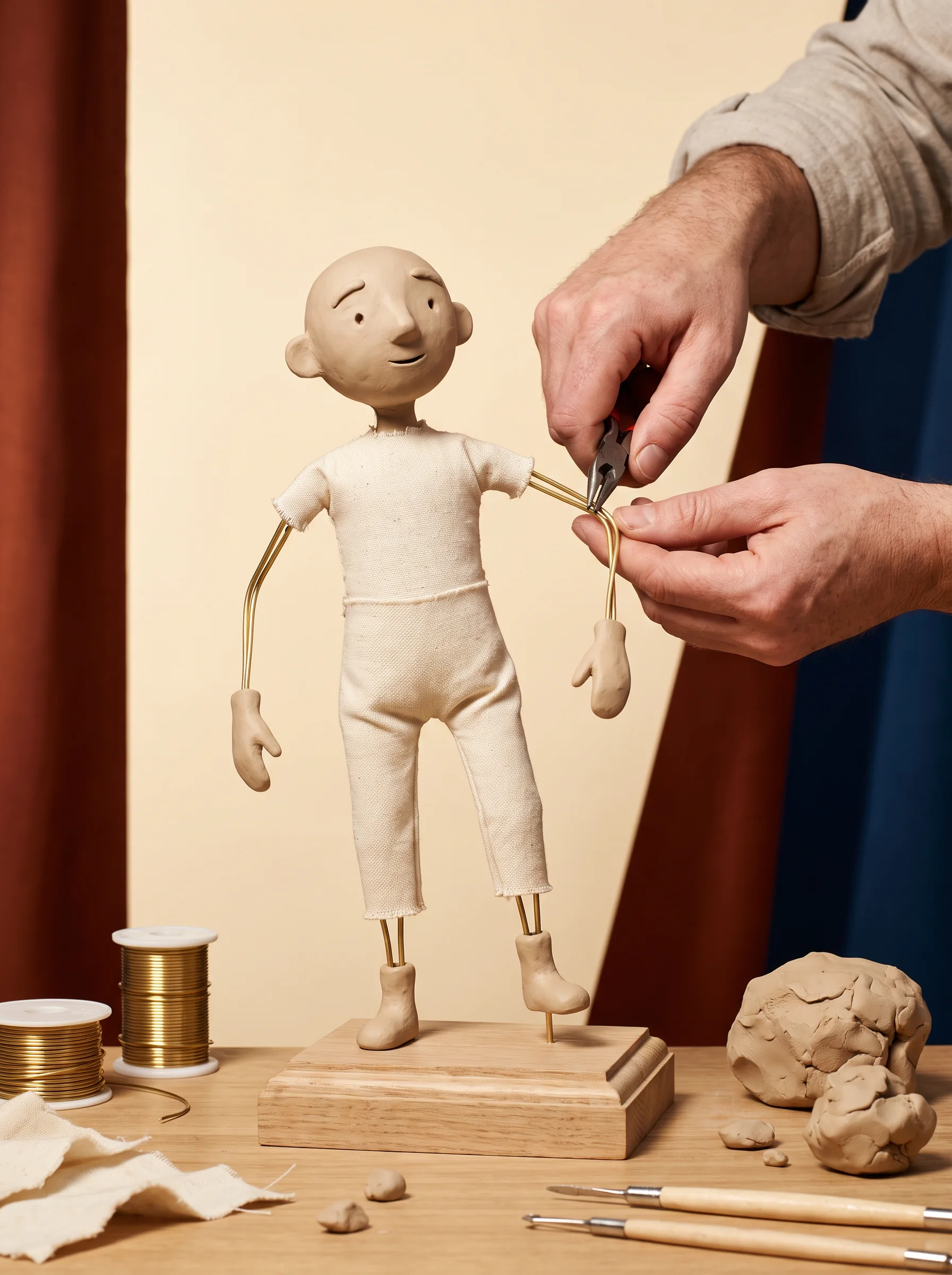 Hands adjusting the wire armature of a small stop-motion character