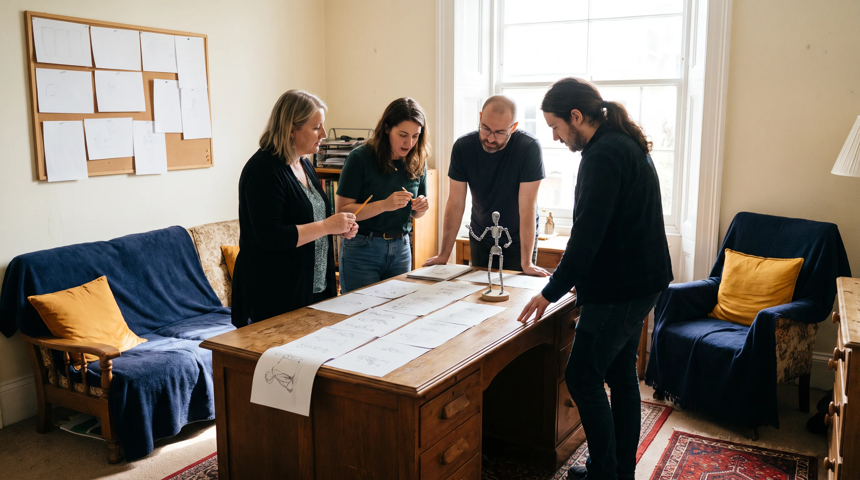 Small group of animation students reviewing work around a studio table