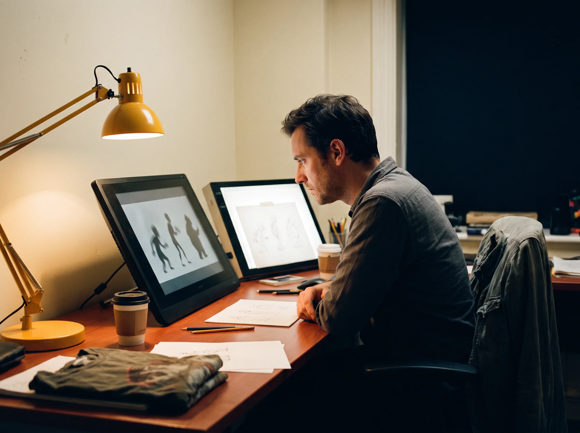 Character animator reviewing silhouette studies at a side workstation