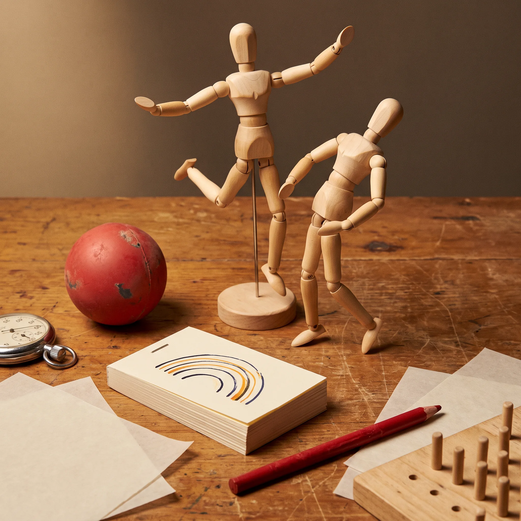 Wooden pose mannequins and a ball arranged for timing experiments
