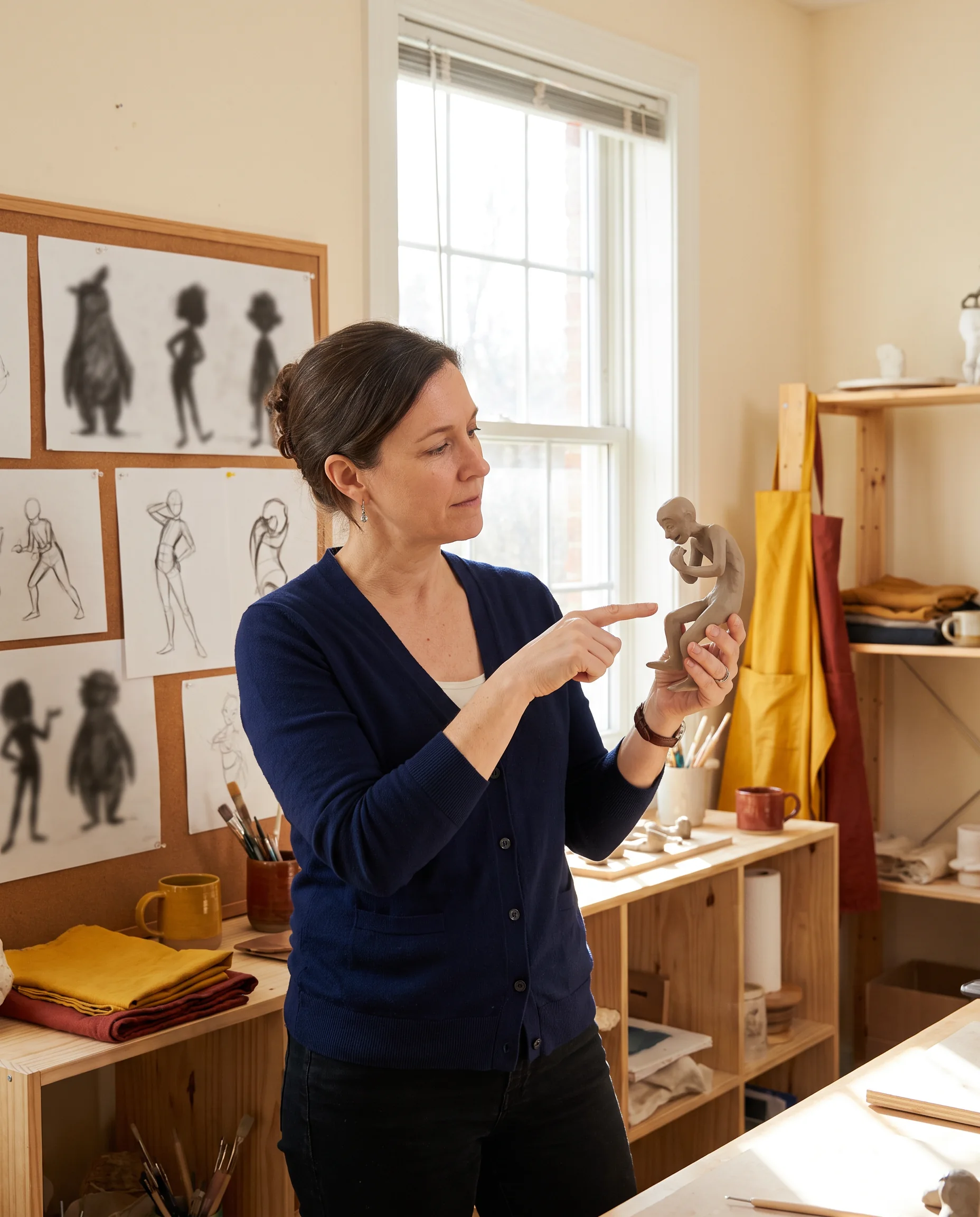 Teacher examining a clay character maquette in a studio